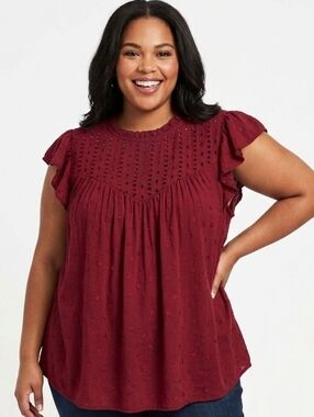 Torrid Red Eyelet Ruffle Sleeve Women's Flutter Sleeve Top